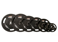 Picture of 6 TPU StrongOx Branded Weight plates. Black rubber weight plates, with three handle grips around the sides. 